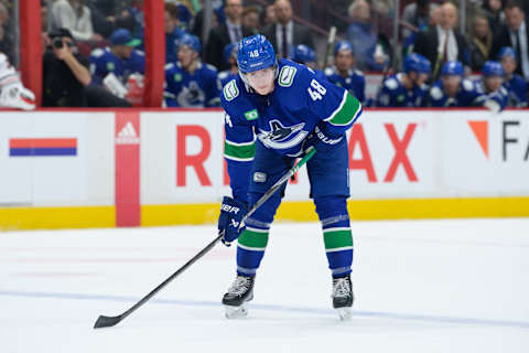 Cole McWard on the ice during his NHL debut with the Canucks. (Photo by Derek Cain/Getty Images)