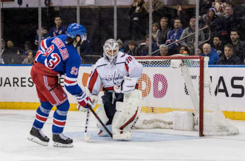 NEW YORK, NY – MARCH 03: New York Rangers Center Mika Zibanejad (93) nets the puck past Washington Capitals Goalie Braden Holtby (70) during a regular season NHL game between the Washington Capitals and the New York Rangers on March 03, 2019, at Madison Square Garden in New York, NY. (Photo by David Hahn/Icon Sportswire via Getty Images)