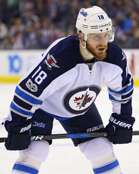 Apr 6, 2017; Columbus, OH, USA; Winnipeg Jets center Bryan Little (18) against the Columbus Blue Jackets at Nationwide Arena. The Jets won 5-4. Mandatory Credit: Aaron Doster-USA TODAY Sports