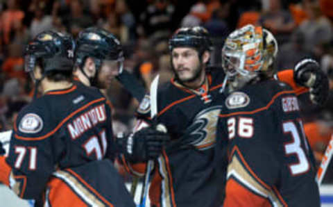 Anaheim Ducks goalie John Gibson (36) right wing Logan Shaw (48) defenseman Shea Theodore (53) and defenseman Brandon Montour (71) celebrate the victory against the Nashville Predators (Gary A. Vasquez-USA TODAY Sports)