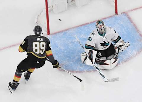 Alex Tuch of the Vegas Golden Knights scores a third-period goal against Aaron Dell of the San Jose Sharks in Game Four of the Western Conference First Round during the 2019 NHL Stanley Cup Playoffs at T-Mobile Arena on April 16, 2019.