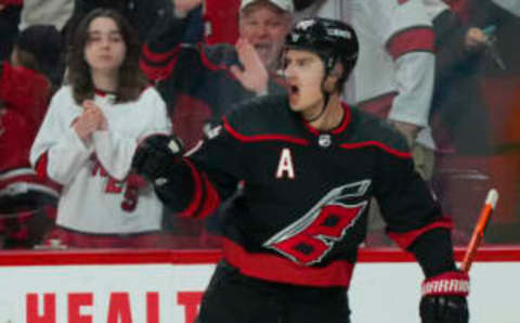 Jan 15, 2023; Raleigh, North Carolina, USA; Carolina Hurricanes center Sebastian Aho (20) celebrates his goal against the Vancouver Canucks in the third period at PNC Arena. Mandatory Credit: James Guillory-USA TODAY Sports