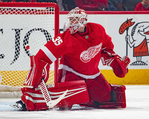 DETROIT, MI – NOVEMBER 26: Jimmy Howard #35 of the Detroit Red Wings reacts to a shot against the Columbus Blue Jackets during an NHL game at Little Caesars Arena on November 26, 2018 in Detroit, Michigan. The Blue Jackets defeated the Wings 7-5. (Photo by Dave Reginek/NHLI via Getty Images)