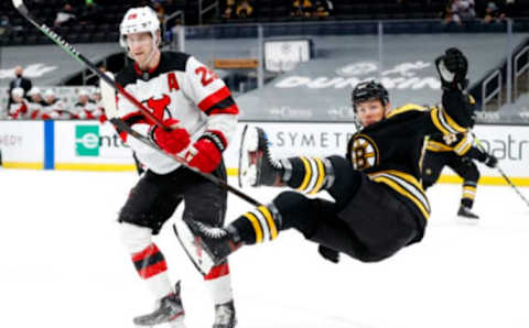 BOSTON, MASSACHUSETTS – MARCH 30: Jeremy Lauzon #55   (Photo by Maddie Meyer/Getty Images)