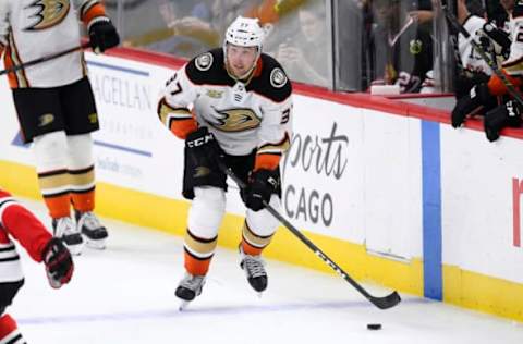 CHICAGO, IL – OCTOBER 23: Anaheim Ducks left wing Nick Ritchie (37) skates with the puck in the 3rd period of game action during an NHL game between the Chicago Blackhawks and the Anaheim Ducks on October 23, 2018, at the United Center in Chicago, Illinois. (Photo by Robin Alam/Icon Sportswire via Getty Images)