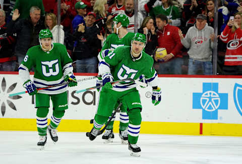 RALEIGH, NC – JANUARY 11: Nino Niederreiter #21 of the Carolina Hurricanes skates back to the bench after scoring a goal during an NHL game against the Los Angeles Kings on January 11, 2020 at PNC Arena in Raleigh, North Carolina. (Photo by Gregg Forwerck/NHLI via Getty Images)