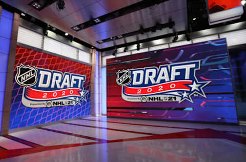 SECAUCUS, NEW JERSEY – OCTOBER 06: Signage during the first round of the 2020 National Hockey League (NHL) Draft at the NHL Network Studio on October 06, 2020 in Secaucus, New Jersey. (Photo by Mike Stobe/Getty Images)