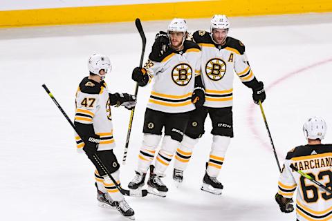 MONTREAL, QC – NOVEMBER 05: Boston Bruins right wing David Pastrnak (88) celebrates his goal with his teammates during the Boston Bruins versus the Montreal Canadiens game on November 05, 2019, at Bell Centre in Montreal, QC (Photo by David Kirouac/Icon Sportswire via Getty Images)