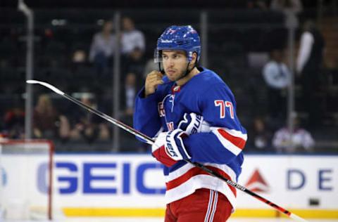 NEW YORK, NEW YORK – SEPTEMBER 26: Tony DeAngelo #77 of the New York Rangers prepares to play against the Philadelphia Flyers during a preseason game at Madison Square Garden on September 26, 2019 in New York City. (Photo by Bruce Bennett/Getty Images)