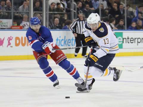 Jacob Trouba #8 of the New York Rangers checks Jimmy Vesey #13 of the Buffalo Sabres