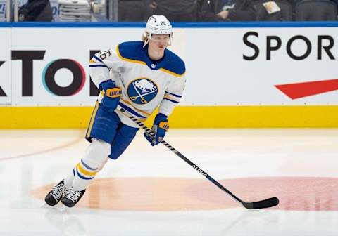 Mar 2, 2022; Toronto, Ontario, CAN; Buffalo Sabres defenseman Rasmus Dahlin (26) skates during warmups against the Toronto Maple Leafs at Scotiabank Arena. Mandatory Credit: Nick Turchiaro-USA TODAY Sports