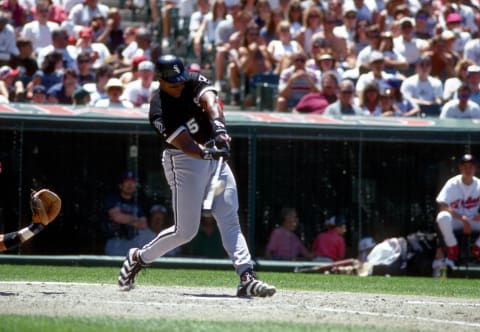 Unknown date 1996: Cleveland, OH, USA; FILE PHOTO; Chicago White Sox 1st baseman Frank Thomas hitting against the Cleveland Indians at Jacobs Field. Mandatory Credit : Photo By USA TODAY Sports (c) Copyright USA TODAY Sports