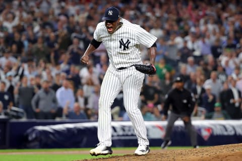 NEW YORK, NY – OCTOBER 3: Luis Severino #40 of the New York Yankees celebrates his inning ending strike out during the American League Wild Card game against the Oakland Athletics at Yankee Stadium on Wednesday, October 3, 2018 in the Bronx borough of New York City. (Photo by Alex Trautwig/MLB Photos via Getty Images)