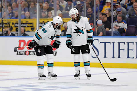 Brent Burns #88 and Erik Karlsson #65 of the San Jose Sharks. (Photo by Elsa/Getty Images)