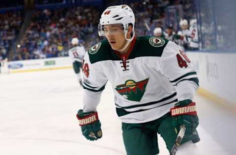 Mar 9, 2017; Tampa, FL, USA; Minnesota Wild defenseman Jared Spurgeon (46) against the Tampa Bay Lightning during the first period at Amalie Arena. Mandatory Credit: Kim Klement-USA TODAY Sports