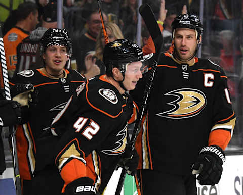 Rickard Rakell #67, Josh Manson #42, and Ryan Getzlaf #15 of the Anaheim Ducks (Photo by Ethan Miller/Getty Images)