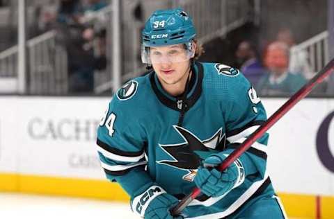 Mar 11, 2023; San Jose, California, USA; San Jose Sharks left wing Alexander Barabanov (94) warms up before the game against the Minnesota Wild at SAP Center at San Jose. Mandatory Credit: Darren Yamashita-USA TODAY Sports