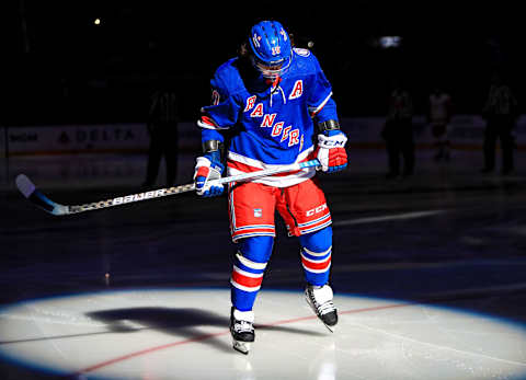 Feb 17, 2022; New York, New York, USA; New York Rangers left wing Artemi Panarin (10) skates before the opening face-off against the Detroit Red Wings at Madison Square Garden. Mandatory Credit: Danny Wild-USA TODAY Sports