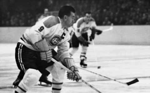 MONTREAL – UNDATED: Maurice “Rocket” Richard #9 of the Montreal Canadiens skates with the puck during a game circa 1956-1960 at the Montreal Forum in Montreal, Quebec, Canada. (Photo by Robert Riger/Getty Images)