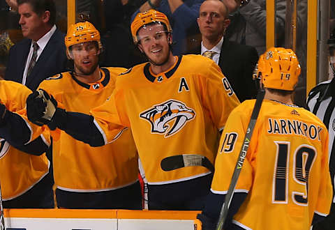 NASHVILLE, TN – DECEMBER 19: Calle Jarnkrok #19 of the Nashville Predators is congratulated by teammates Craig Smith #15 and Ryan Johansen #92 after scoring a goal against the Winnipeg Jets during the first period at Bridgestone Arena on December 19, 2017 in Nashville, Tennessee. (Photo by Frederick Breedon/Getty Images)