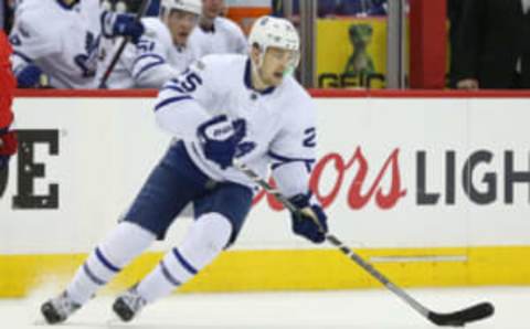 Apr 15, 2017; Washington, DC, USA; Toronto Maple Leafs left wing James van Riemsdyk (25) skates with the puck against the Washington Capitals in game two of the first round of the 2017 Stanley Cup Playoffs at Verizon Center. Mandatory Credit: Geoff Burke-USA TODAY Sports