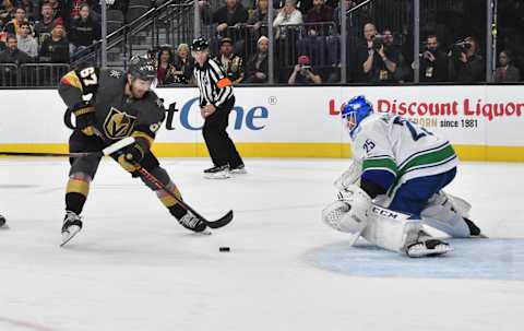 LAS VEGAS, NEVADA – DECEMBER 15: Max Pacioretty #67 of the Vegas Golden Knights scores a goal during the third period against the Vancouver Canucks at T-Mobile Arena on December 15, 2019 in Las Vegas, Nevada. (Photo by David Becker/NHLI via Getty Images)