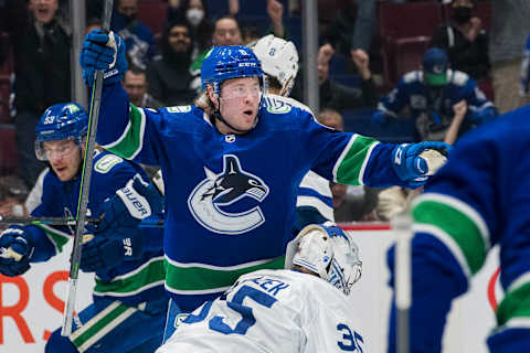 Feb 12, 2022; Vancouver, British Columbia, CAN; Vancouver Canucks forward Brock Boeser (6) celebrates after scoring a goal against the Toronto Maple Leafs in the first period at Rogers Arena. Mandatory Credit: Bob Frid-USA TODAY Sports