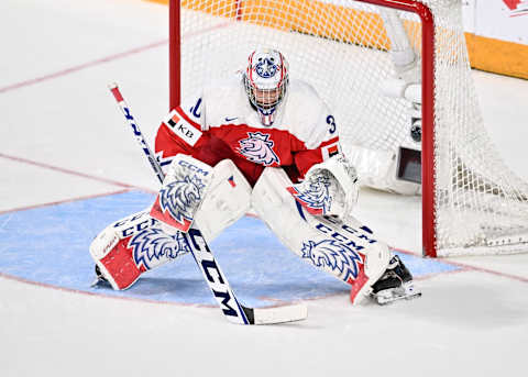 HALIFAX, CANADA – JANUARY 04: Tomas Suchanek #30 of Team Czech Republic tends net during overtime against Team Sweden in the semifinal round of the 2023 IIHF World Junior Championship at Scotiabank Centre on January 4, 2023 in Halifax, Nova Scotia, Canada. Team Czech Republic defeated Team Sweden 2-1 in overtime. (Photo by Minas Panagiotakis/Getty Images)