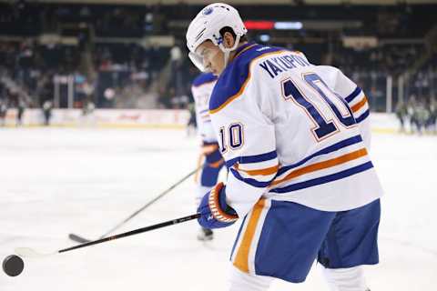 Mar 6, 2016; Winnipeg, Manitoba, CAN; Edmonton Oilers right wing Nail Yakupov (10) juggles the puck prior to the game against the Winnipeg Jets at MTS Centre. Mandatory Credit: Bruce Fedyck-USA TODAY Sports