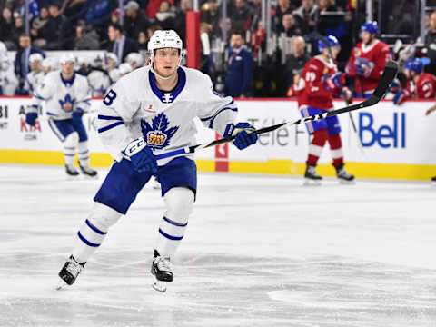 LAVAL, QC – MARCH 08: Rasmus Sandin #8 of the Toronto Marlies skates against the Laval Rocket during the AHL game at Place Bell on March 8, 2019 in Laval, Quebec, Canada. The Toronto Marlies defeated the Laval Rocket 3-0. (Photo by Minas Panagiotakis/Getty Images)