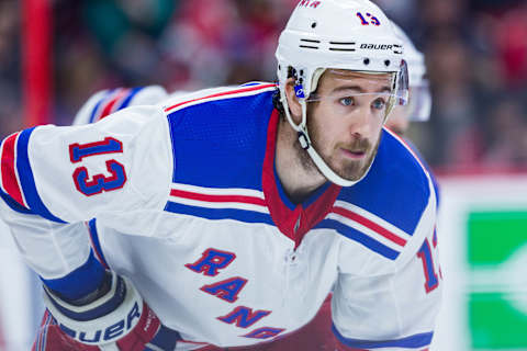 OTTAWA, ON – FEBRUARY 17: New York Rangers Center Kevin Hayes (13) prepares for a face-off during first period National Hockey League action between the New York Rangers and Ottawa Senators on February 17, 2018, at Canadian Tire Centre in Ottawa, ON, Canada. (Photo by Richard A. Whittaker/Icon Sportswire via Getty Images)