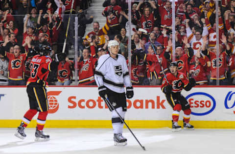 CALGARY, AB – APRIL 9: Jiri Hudler #24 of the Calgary Flames celebrates after scoring the Flames’ third goal against Los Angeles Kings during an NHL game at Scotiabank Saddledome on April 9, 2015 in Calgary, Alberta, Canada. (Photo by Derek Leung/Getty Images)