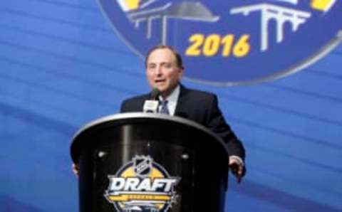 Jun 24, 2016; Buffalo, NY, USA; NHL commissioner Gary Bettman speaks before the first round of the 2016 NHL Draft at the First Niagra Center. Mandatory Credit: Timothy T. Ludwig-USA TODAY Sports