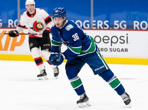 Nils Hoglander of the Vancouver Canucks. (Photo by Rich Lam/Getty Images)