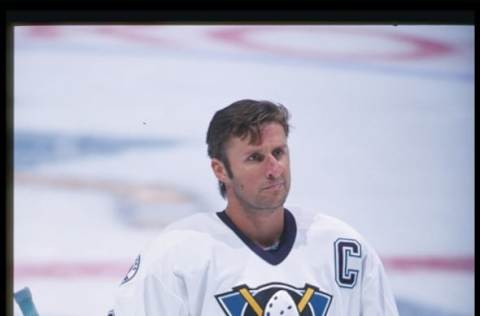 Anaheim, CA: Defensemen Bobby Dollas of the Anaheim Mighty Ducks skates down the ice during a game against the Philadelphia Flyers at Arrowhead Pond on October 16, 1996.