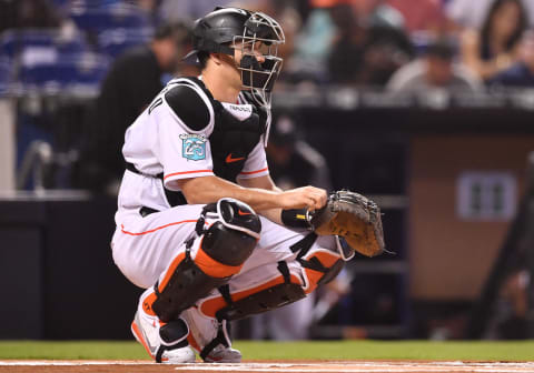 MIAMI, FL – AUGUST 21: J.T. Realmuto #11 of the Miami Marlins in action against the New York Yankees at Marlins Park on August 21, 2018 in Miami, Florida. (Photo by Mark Brown/Getty Images)