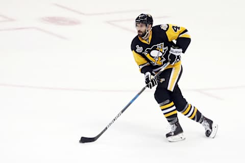 May 31, 2017; Pittsburgh, PA, USA; Pittsburgh Penguins defenseman Justin Schultz (4) moves the puck against the Nashville Predators during the second period in game two of the 2017 Stanley Cup Final at PPG PAINTS Arena. Mandatory Credit: Charles LeClaire-USA TODAY Sports