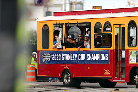 Tampa Bay Lightning defenseman Ryan McDonagh formerly of the New York Rangers, arrives on trollies as they return from Edmonton . Mandatory Credit: Kim Klement-USA TODAY Sports