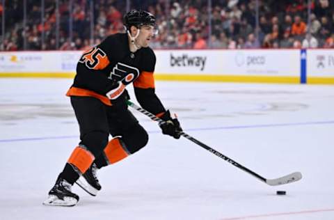 Mar 23, 2023; Philadelphia, Pennsylvania, USA; Philadelphia Flyers left wing James van Riemsdyk (25) controls the puck against the Minnesota Wild during a shootout at Wells Fargo Center. Mandatory Credit: Kyle Ross-USA TODAY Sports