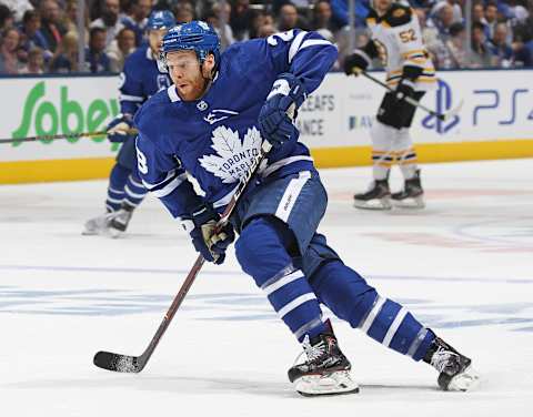 TORONTO, ON – APRIL 21: Connor Brown #28 of the Toronto Maple Leafs skates against the Boston Bruins in Game Six of the Eastern Conference First Round during the 2019 NHL Stanley Cup Playoffs at Scotiabank Arena on April 21, 2019 in Toronto, Ontario, Canada. The Bruins defeated the Maple Leafs 4-2. (Photo by Claus Andersen/Getty Images)