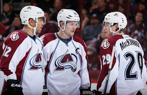 GLENDALE, AZ – NOVEMBER 25: (L-R) Jarome Iginla #12, Gabriel Landeskog #92 and Nathan MacKinnon #29 of the Colorado Avalanche during the NHL game against the Arizona Coyotes at Gila River Arena on November 25, 2014 in Glendale, Arizona. (Photo by Christian Petersen/Getty Images)