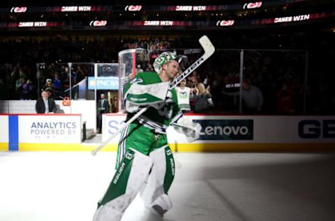 RALEIGH, NC – JANUARY 11: James Reimer #47 of the Carolina Hurricanes gets a shutout over the Los Angeles Kings and is named #1 star following an NHL game on January 11, 2020, at PNC Arena in Raleigh, North Carolina. (Photo by Gregg Forwerck/NHLI via Getty Images)