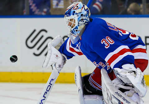 NEW YORK, NY – FEBRUARY 23: New York Rangers Goalie Henrik Lundqvist (30) in action prior to the National Hockey League game between the New Jersey Devils and the New York Rangers on February 23, 2019 at Madison Square Garden in New York, NY. (Photo by Joshua Sarner/Icon Sportswire via Getty Images)