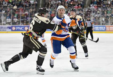 HERSHEY, PA – MARCH 16: Hershey Bears defenseman Lucas Johansen (6) hits Bridgeport Sound Tigers right wing Tanner Fritz (11) in the slot during the Bridgeport Sound Tigers vs. the Hershey Bears AHL hockey game March 16, 2019 at the Giant Center in Hershey, PA. (Photo by Randy Litzinger/Icon Sportswire via Getty Images)