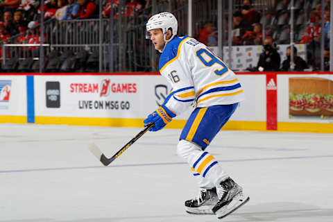 NEWARK, NEW JERSEY – OCTOBER 23: Anders Bjork #96 of the Buffalo Sabres in action against the New Jersey Devils at Prudential Center on October 23, 2021 in Newark, New Jersey. The Devils defeated the Sabres 2-1 in overtime. (Photo by Jim McIsaac/Getty Images)