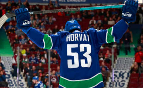 VANCOUVER, BC – NOVEMBER 2: Bo Horvat #53 of the Vancouver Canucks stretches during their NHL game against the Colorado Avalanche at Rogers Arena November 2, 2018 in Vancouver, British Columbia, Canada. (Photo by Jeff Vinnick/NHLI via Getty Images)”n