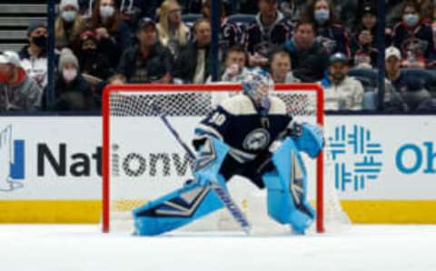 COLUMBUS, OH – JANUARY 23: Elvis Merzlikins #90 of the Columbus Blue Jackets follows the puck during the game against the Ottawa Senators at Nationwide Arena on January 23, 2022 in Columbus, Ohio. (Photo by Kirk Irwin/Getty Images)