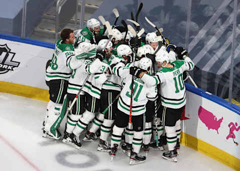 The Dallas Stars celebrate their overtime win against the Colorado Avalanche in Game Seven of the Western Conference Second Round. (Photo by Bruce Bennett/Getty Images)