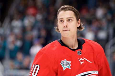 SAN JOSE, CA – JANUARY 25: Carolina Hurricanes center Sebastian Aho (20) skates before the NHL All-Star Skills Competition on January 25, 2019, at SAP Center in San Jose, CA (Photo by Matt Cohen/Icon Sportswire via Getty Images)