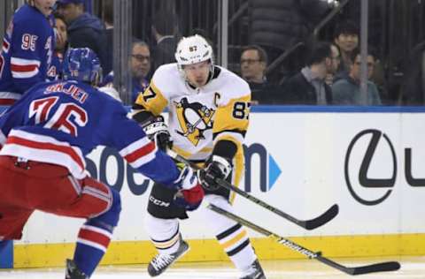 NEW YORK, NEW YORK – MARCH 25: Sidney Crosby #87 of the Pittsburgh Penguins skates against the New York Rangers at Madison Square Garden on March 25, 2019 in New York City. The Penguins defeated the Rangers 5-2. (Photo by Bruce Bennett/Getty Images)